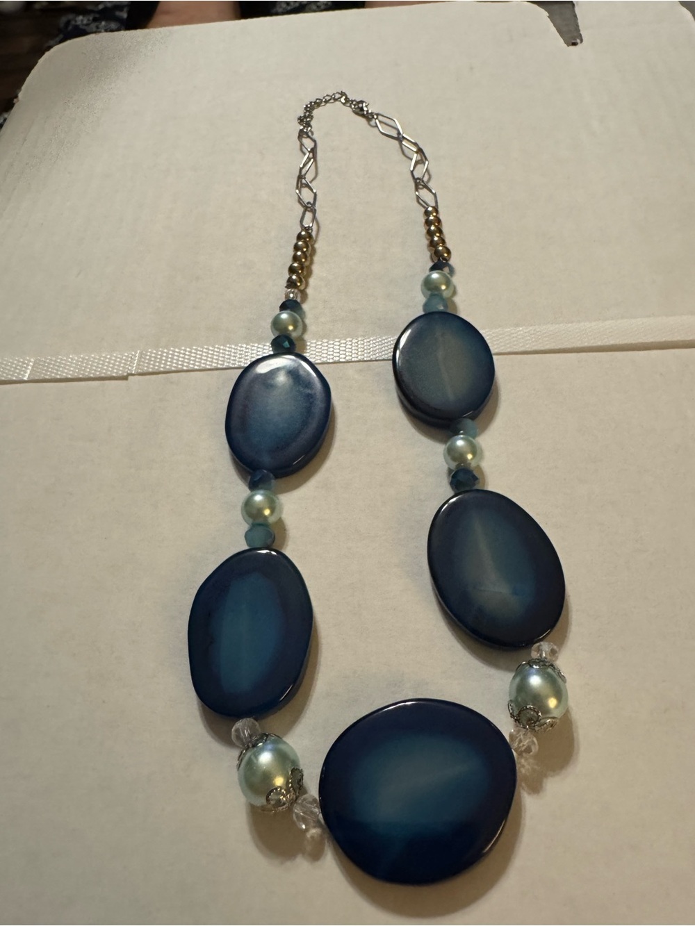 Blue Statement Beaded Necklace with Pearl Accents